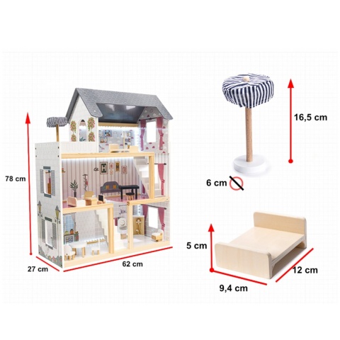 Duży Drewniany Domek dla lalek LED 78cm