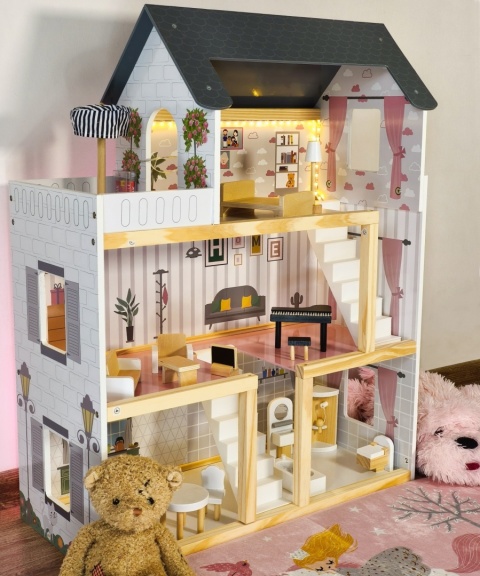 Duży Drewniany Domek dla lalek LED 78cm