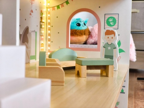 DUŻY Domek Dla Lalek Drewniany LED Pastelowy 3 Poziomy Laleczki Mebelki