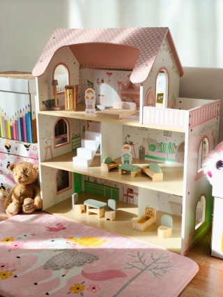 DUŻY Domek Dla Lalek Drewniany LED Pastelowy 3 Poziomy Laleczki Mebelki