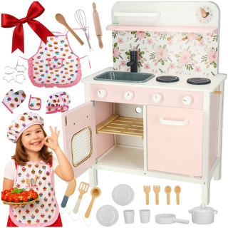 Kuchnia dla dzieci drewniana MDF Lulilo FLoro akcesoria różowa 82cm